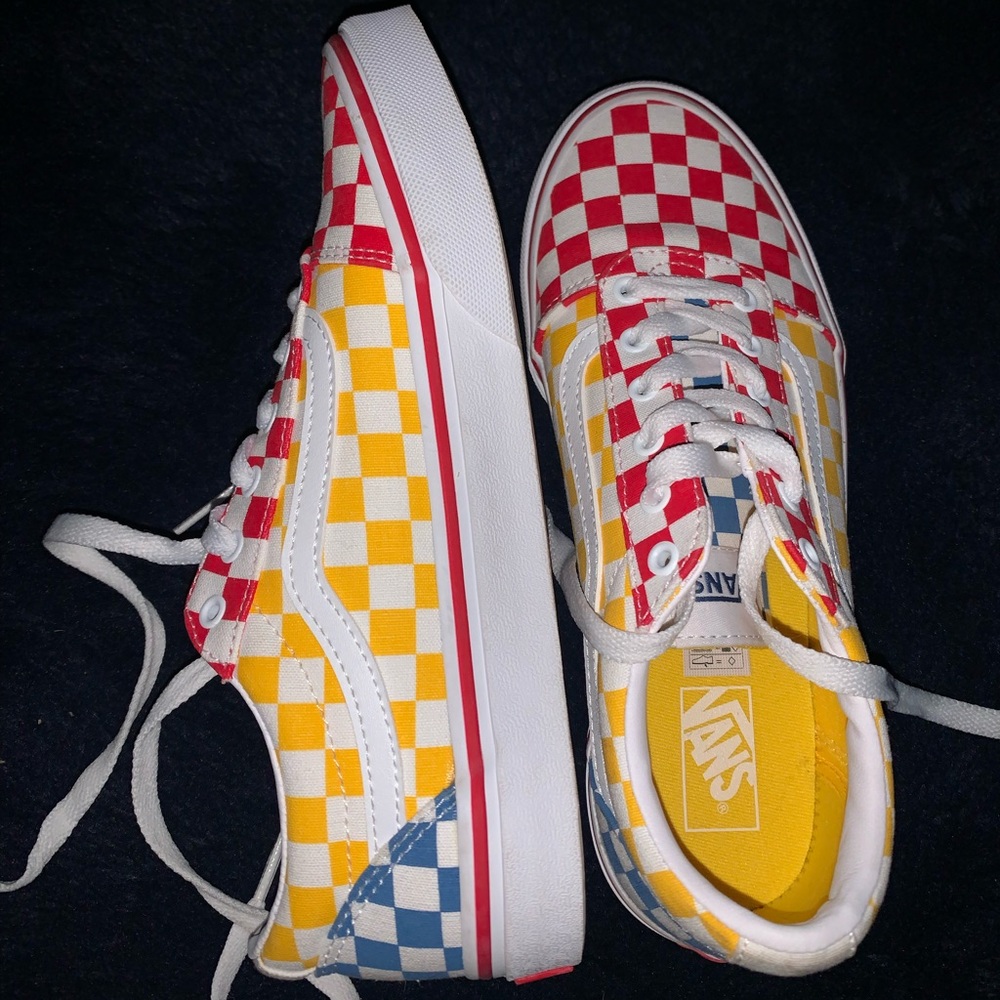 Vans, blue, yellow red checkered.